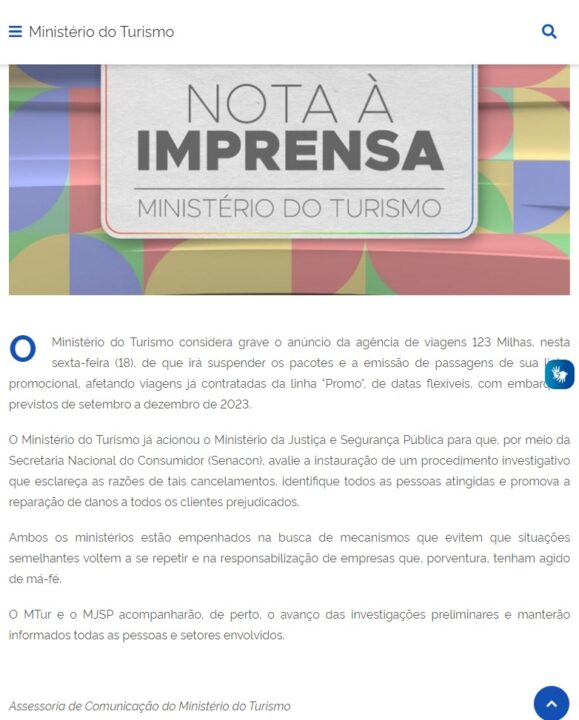 Nota Oficial, Ministério do Turismo