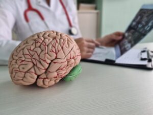 Médico neurocirurgião examina raio-x do cérebro na clínica